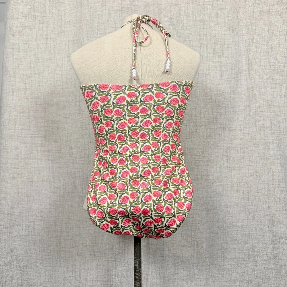 RHODE Kanika Swimsuit One Piece Floral Beaded Halter Size L $250 MSRP Resortwear